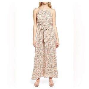 Halogen pink red vine flower printed sleeveless dress with tie waist size S NWT